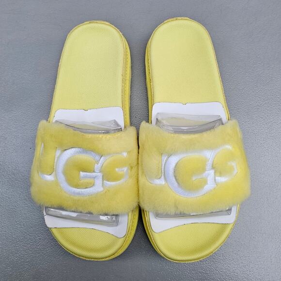Fuzzy Fur Slides UGG Laton Size 10 Yellow Wool Embroidered Logo Sandal Suede EUC - Picture 12 of 14